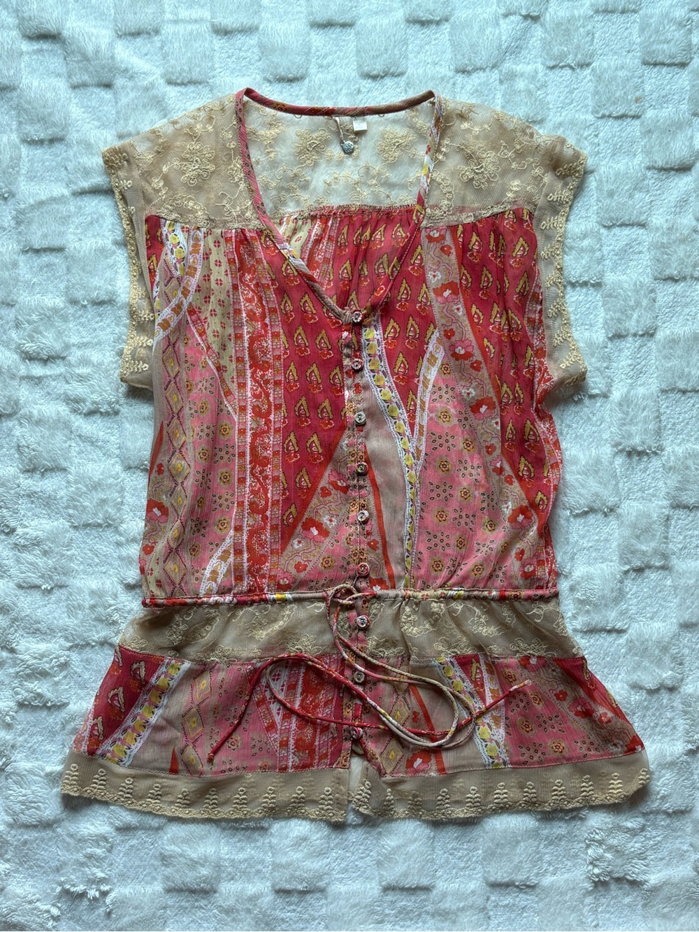 Just Pearls Sheer Boho Patchwork Tie-Waist Short Sleeve Blouse